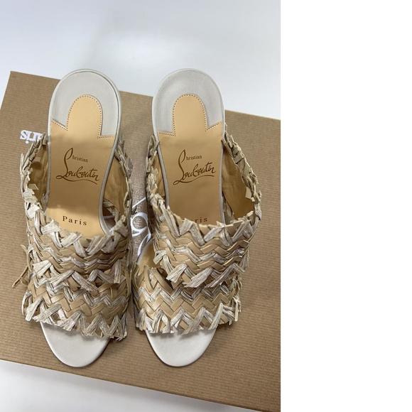 Meroine 85mm raffia Tan Woven fringe heels mules D985 - Picture 10 of 11